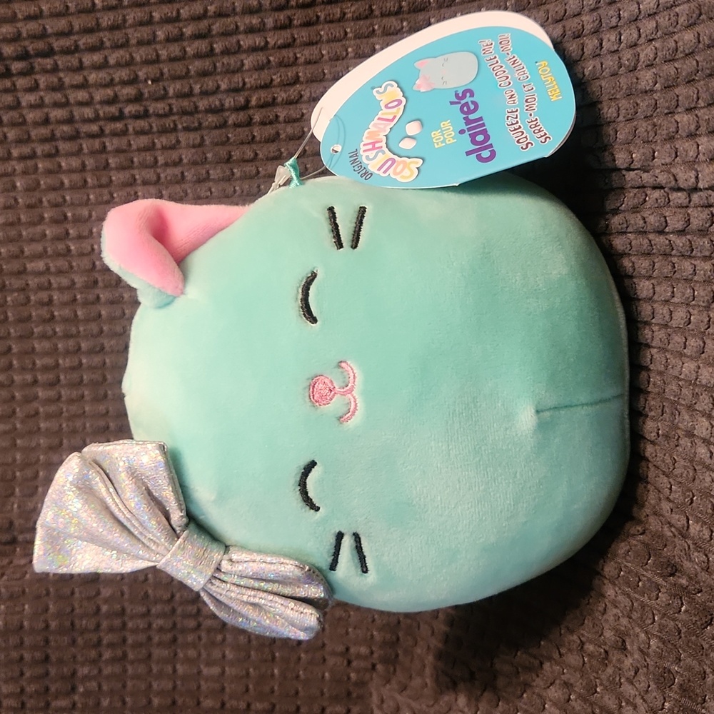 NWT Squishmallows 5" Charisma Turquoise Cat w/ Silver Bow (Claire's Exclusive)